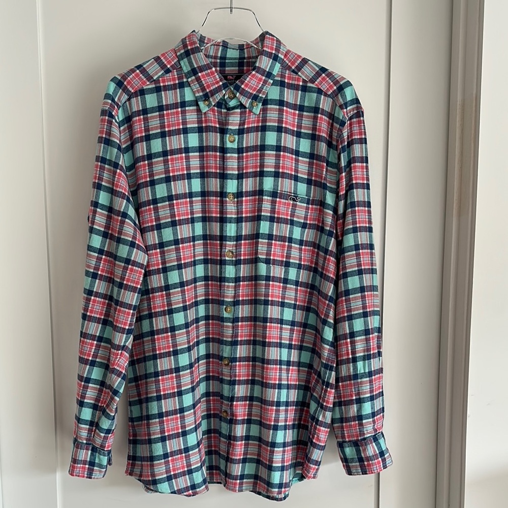 VINEYARD VINES Classic Fit Plaid Flannel Shirt Blue/Aqua/Pink SIZE LARGE EUC